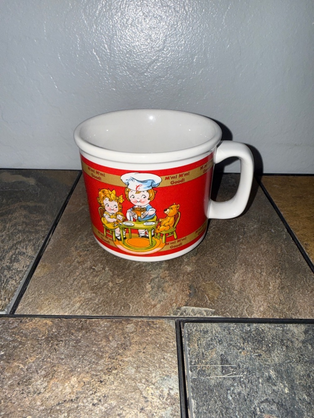 VTG Campbells Red Ceramic Kids Mug with Cartoon Family Design 1998